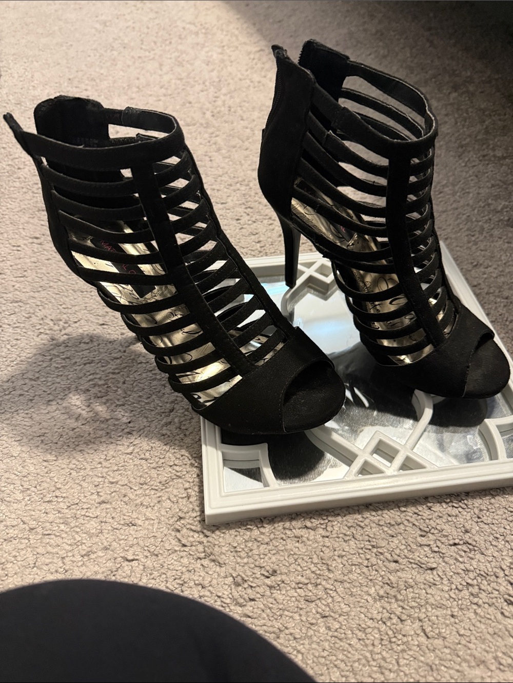 Material Girl Black Strappy Cage Heel Sandals